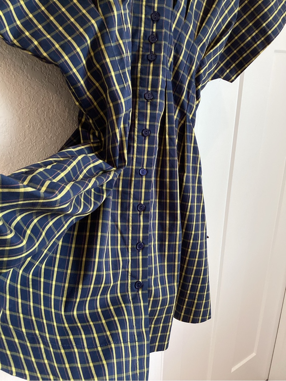 Exquise Tobie Short-Sleeve Pleated Mini Shirt Dress Navy Plaid Anthropologie - Picture 8 of 13